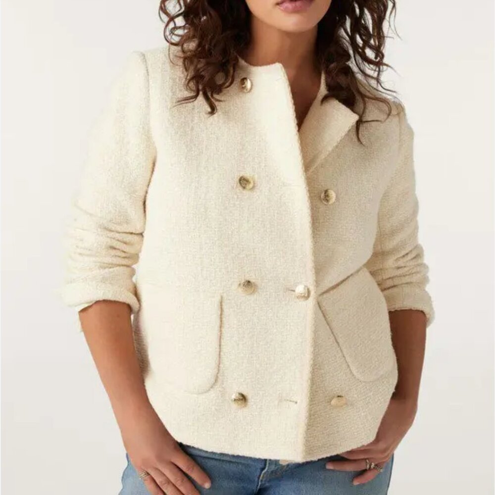 NWT ba&sh Veste Joe Blazer Womens SZ 3 Large Wool Silk Tweed Jacket Ivory Preppy